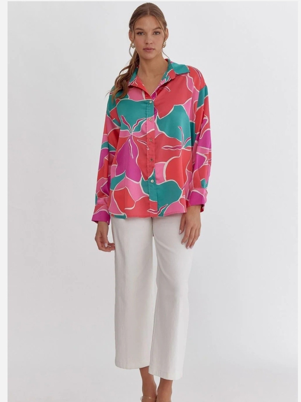 Entro Bold Colorblock Floral Button-Down Shirt - Size Medium NWT